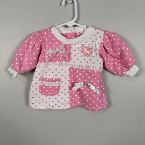 Vintage TKS Baby Girls 0-6 Months Sweater Pink Long Sleeve Bows Hearts Polka Dot - Picture 1 of 4